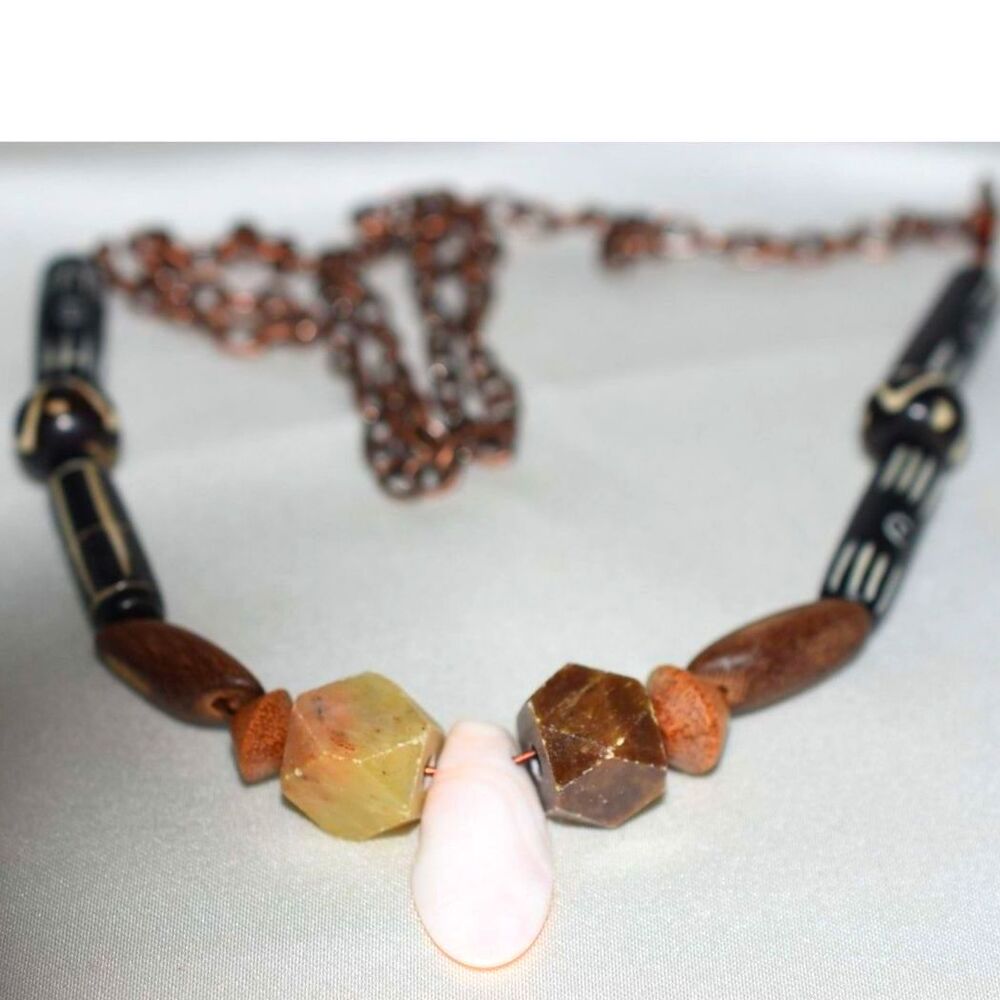 Vintage Boho Hipster Multi Colors/Texture/Size Beads Center Shell 26" Necklace